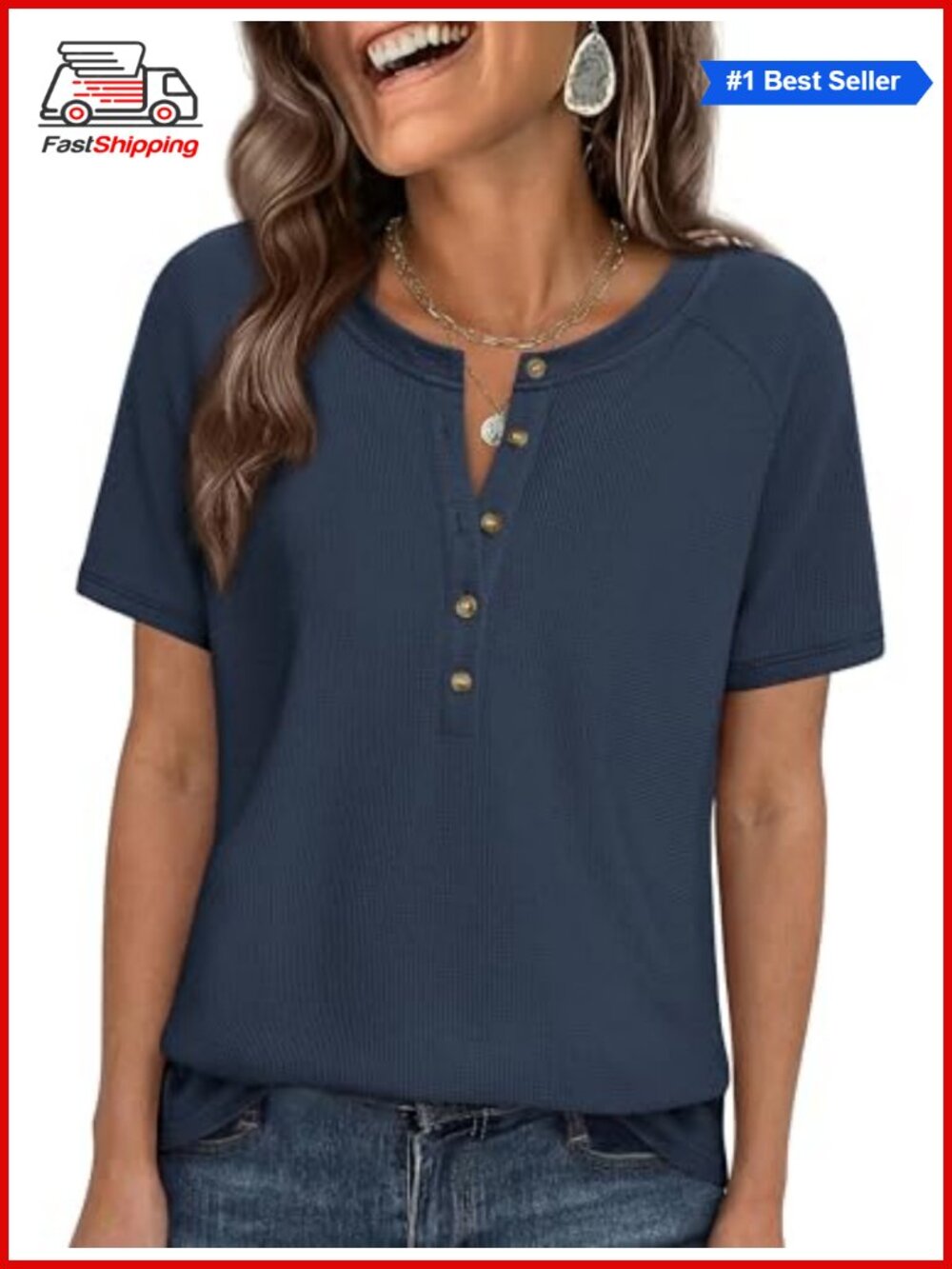 ✨PRETTYGARDEN Waffle Knit Henley Short Sleeve T-Shirt Women's Top